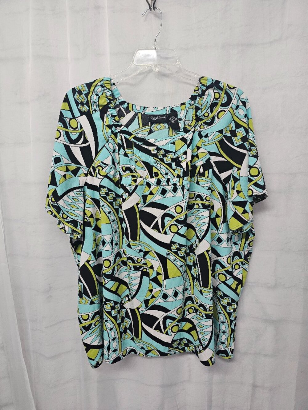 Maggie Barnes Blouse Blue Green Retro Geometric Casual 3X